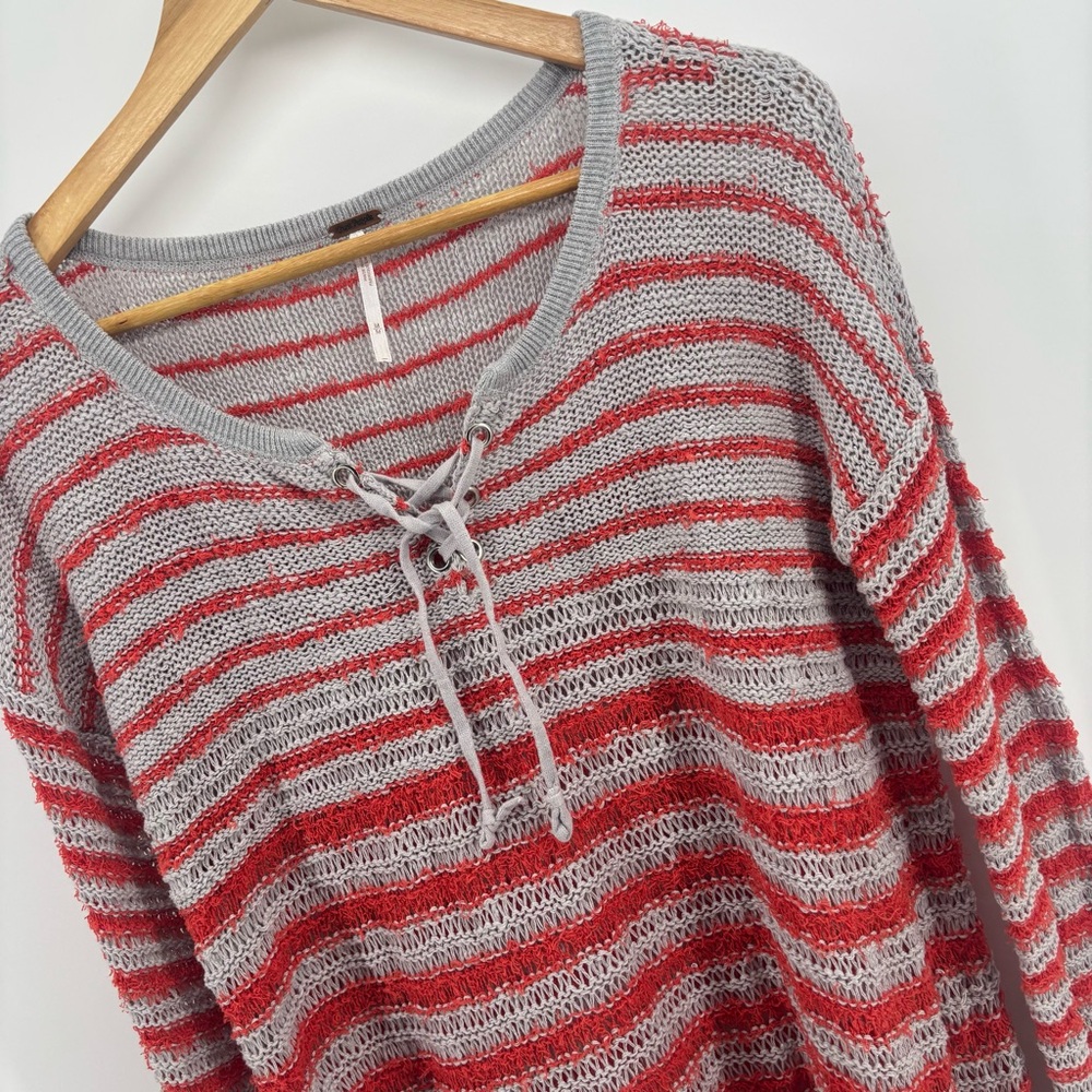 Free People Women M Open Crochet Knit Judy Punk Orange‎ Striped Lace Up Sweater - Picture 3 of 13